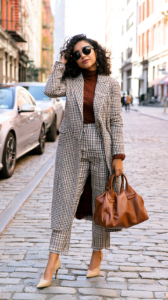 Nadia Ortiz, lead author at Joliely, wearing a checkered coat on a Brooklyn street