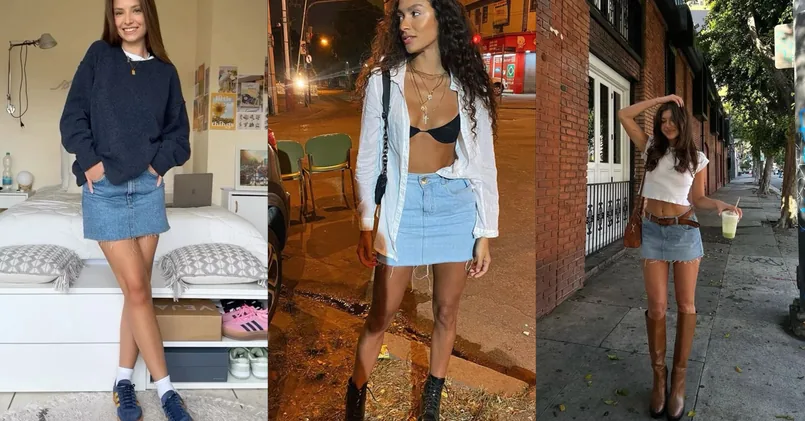 denim skirt outfit, photo collage